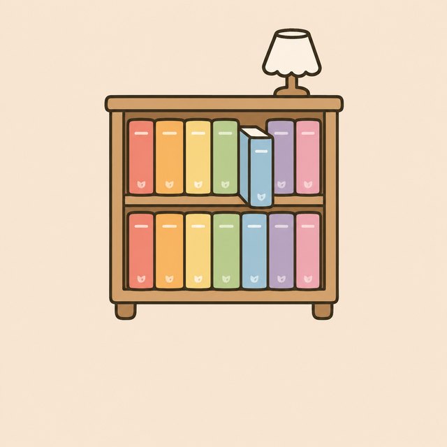 100歳図書室のロゴ。7色の本が並んだ、小さな本棚の絵。
